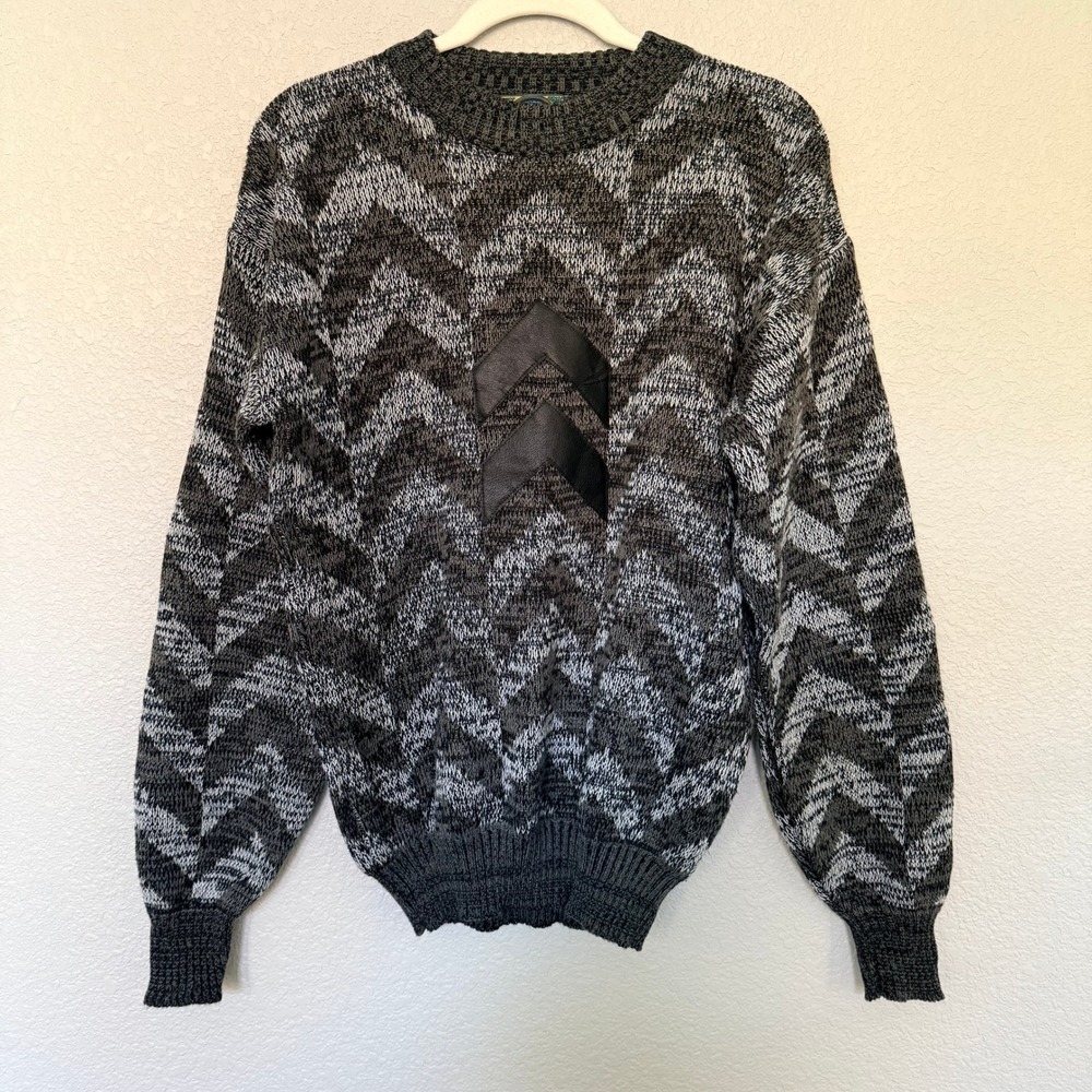 VTG WEEDS Men Sweater Chevron Pattern Leather Trim Winter Size M